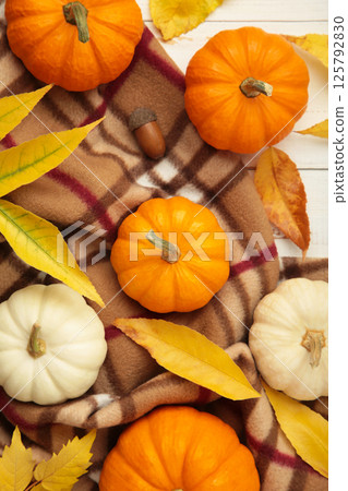 Autumn composition. Fresh orange and white pumpkin with autumn leaves on plaid. Top view. Vertical photo 125792830