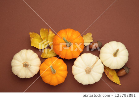 Festive autumn decor from pumpkins and leaves on brown background. Concept of Thanksgiving day or Halloween. Festive autumn decor from pumpkins and leaves on brown background. Concept of Thanksgiving day or Halloween. 125792891