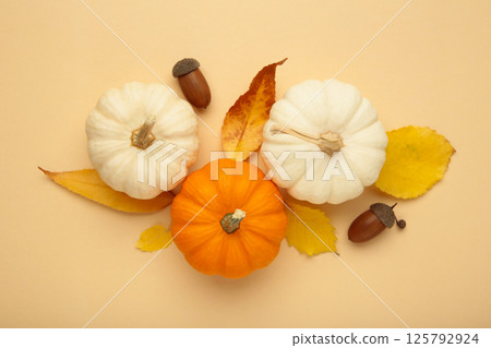 Festive autumn decor from pumpkins and leaves on beige background. Concept of Thanksgiving day or Halloween. Festive autumn decor from pumpkins and leaves on beige background. Concept of Thanksgiving day or Halloween. 125792924