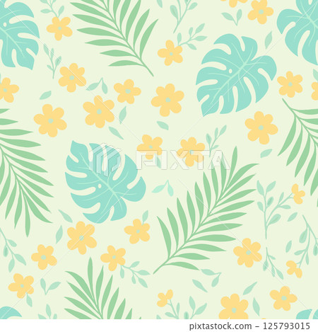 Vibrant tropical floral seamless pattern featuring exotic leaves and flowers. Perfect for summer designs, textiles, and backgrounds.  125793015