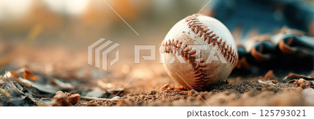 Close-up of a worn baseball on dirt field with glove in background and warm evening light. 125793021