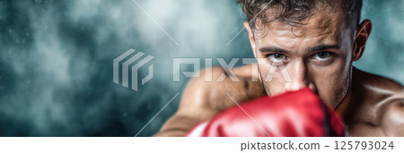 Boxer throwing punch in red gloves with intense expression on smoky background, close-up view. 125793024
