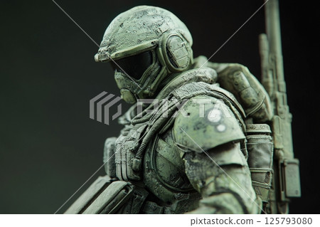 A close-up view of a soldier figure with detailed armor and gear is highlighted against a dark background. The figure has visible wear marks, emphasizing a battle-ready appearance. 125793080