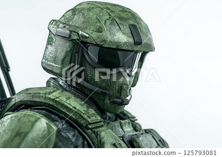 The action figure depicts a soldier dressed in a green tactical uniform, complete with a realistic helmet and visor. The figure showcases intricate detailing, emphasizing its militaristic design. 125793081