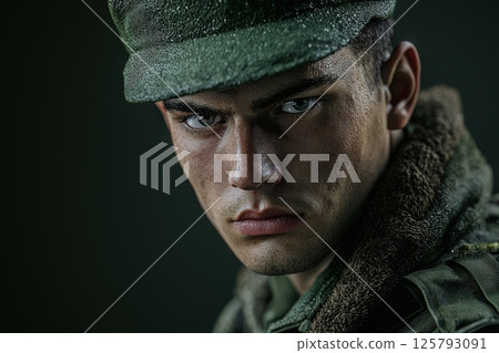 The soldier stares intensely with striking eyes, showcasing determination and emotion. He wears a worn military cap and uniform, suggesting a period of conflict or historical significance. The soldier stares intensely with striking eyes, showcasing determination and emotion. He wears a worn military cap and uniform, suggesting a period of conflict or historical significance. 125793091