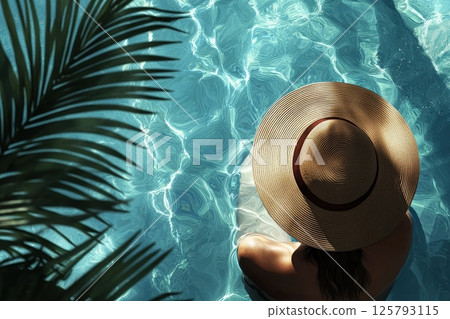 A woman enjoys a serene moment in a clear blue pool, wearing a wide-brimmed sun hat. Sunlight dances on the waters surface while palm leaves add tropical elegance to the scene. 125793115