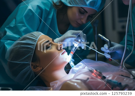Young woman in dentist chair preparing for professional teeth cleaning treatment 125793239