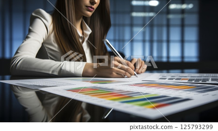 Graceful female hand holding pencil above business papers signifying prosperous business Graceful female hand holding pencil above business papers signifying prosperous business 125793299