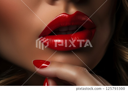 Beauty concept  elegant woman with stylish red nails touching vibrant lipstick in a close up shot 125793300