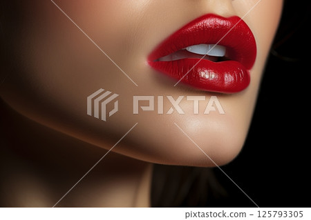 Macro photography of woman s stunning lips with vivid red lipstick, close up beauty shot Macro photography of woman s stunning lips with vivid red lipstick, close up beauty shot 125793305