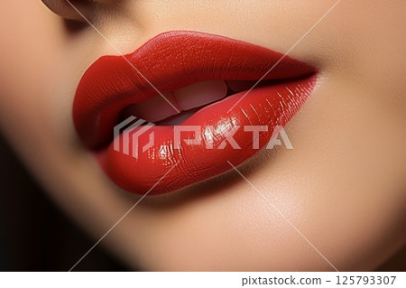 Detailed close up of beautiful woman s lips with vivid red lipstick, macro photography shot 125793307