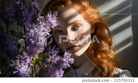 Redheaded girl with freckles delighting in lavender bouquet s fragrance in soft summer sunlight 125793331