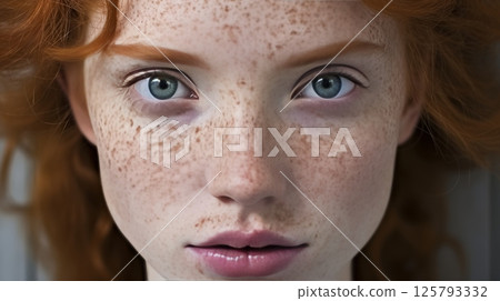 Softly illuminated close up portrait of a red haired girl with freckles in summer sunlight 125793332