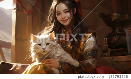 Whimsical animated illustration of girl with cat, perfect for children s portraits 125793336