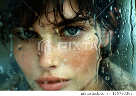Reflection of a melancholic woman s face in a raindrop streaked window, evoking deep emotion Reflection of a melancholic woman s face in a raindrop streaked window, evoking deep emotion 125793362