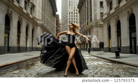 Stylish woman in glamorous outfit walking on vibrant urban street for fashion scene 125793373