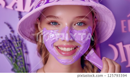 Smiling girl applying lavender colored cream with lavender bunch on dressing table 125793394