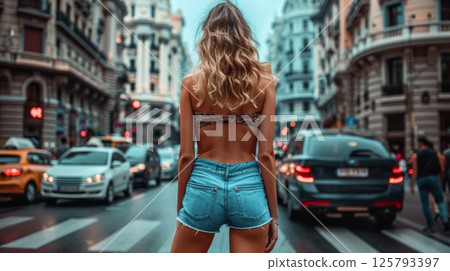 Fashionable women s legs in denim shorts on urban street, trendy attire for stylish look 125793397