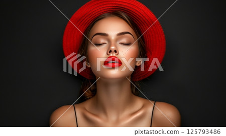 Close up portrait of a female model with radiant skin and red lips in a retro hat on black backdrop 125793486