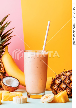 Tropical banana coconut pineapple smoothie in glass with striped straw on colorful summer background. 125793510
