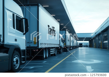 Large freight trucks are parked in a distribution center, each displaying a tariff label. The location has an industrial feel, with a cloudy sky above, suggesting early morning. Large freight trucks are parked in a distribution center, each displaying a tariff label. The location has an industrial feel, with a cloudy sky above, suggesting early morning. 125793600