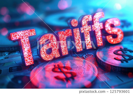Bright letters spelling tariffs contrast with coins, symbolizing the intricate links between international trade, economic policies, and market changes in todays financial world. Bright letters spelling tariffs contrast with coins, symbolizing the intricate links between international trade, economic policies, and market changes in todays financial world. 125793601