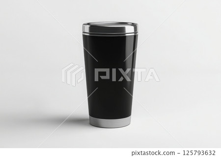 A sleek black stainless steel travel mug stands upright against a simple white background, showcasing its modern design and silver bottom. Ideal for hot beverages on the go. A sleek black stainless steel travel mug stands upright against a simple white background, showcasing its modern design and silver bottom. Ideal for hot beverages on the go. 125793632