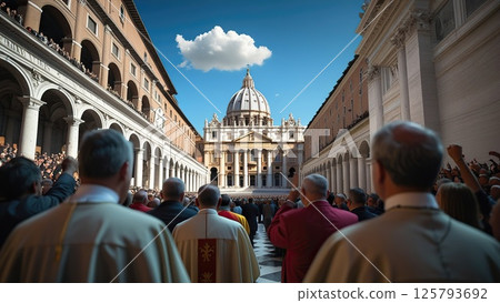 Sistine Chapel with crowd waiting in Vatican Italy during the conclave 125793692