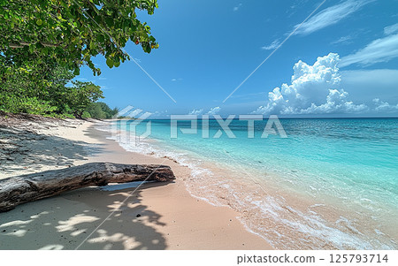 Stunning tropical beach with crystal-clear water, fluffy clouds, and a beautiful view. 125793714