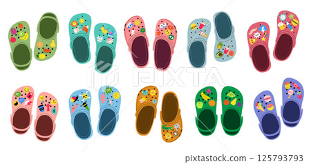 Beach shoes. Funny footwear fo male and female fashioned funny crocs with cartoon pins recent vector stylized illustrations Beach shoes. Funny footwear fo male and female fashioned funny crocs with cartoon pins recent vector stylized illustrations 125793793
