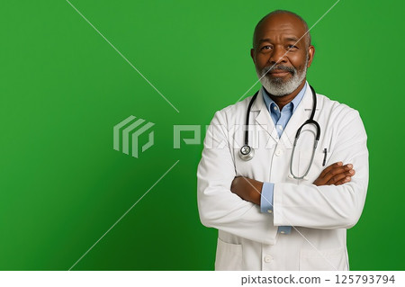 Elderly African American male doctor crossing arms on chromakey 125793794