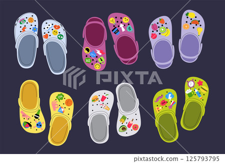 Beach shoes. Crocs fashioned funny shoes with cartoon pins comfortable summer footwear recent vector sandals for male and female Beach shoes. Crocs fashioned funny shoes with cartoon pins comfortable summer footwear recent vector sandals for male and female 125793795