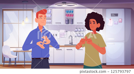 Deaf and dumb. People hands gestures communication sign language exact vector cartoon background 125793797