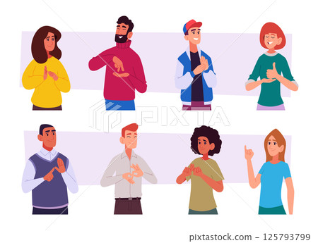 Hands gestures communication. Deaf and dumb people talking with hand signs exact vector cartoon characters 125793799