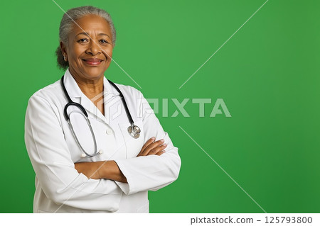 Elderly African American female doctor posing with arms crossed on chromakey 125793800