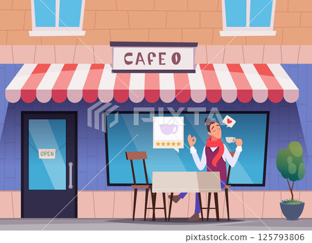 Restaurant critic. Professional culinary expert eating and testing different foods in restaurant interior exact vector cartoon background illustration Restaurant critic. Professional culinary expert eating and testing different foods in restaurant interior exact vector cartoon background illustration 125793806