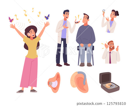 Hearing aid. Concept medical pictures with deaf people in social activity exact vector healthcare problems of ear otolaryngology illustratioons 125793810