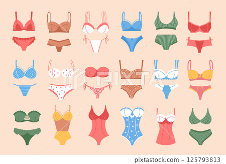 Woman panties. Beauty set of fashioned lingerie brassieres panties and swimsuit recent vector illustrations in cartoon style 125793813
