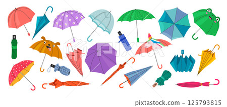 Umbrellas set. Colorful fashioned portable umbrellas recent vector wardrobe items for rainy days 125793815