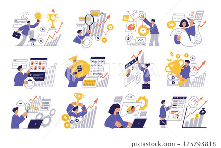 Business set. Happy successful managers working job business conceptual illustrations recent vector template Business set. Happy successful managers working job business conceptual illustrations recent vector template 125793818