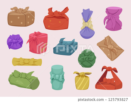 Furoshiki. Traditional asian gifts in textile wrapped packages exact vector templates 125793827