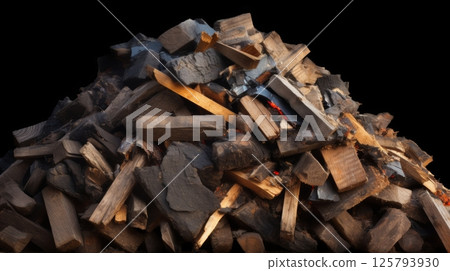 Campfire - flames starting to blaze within a stack of logs in the depths of the bonfire 125793930