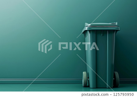 3d visualization of a green recycling bin for effective waste collection on a lush green background 3d visualization of a green recycling bin for effective waste collection on a lush green background 125793950