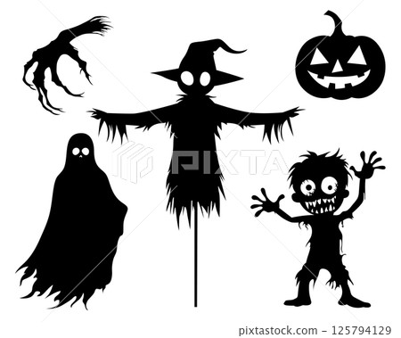 Spooky Halloween silhouettes: pumpkin, ghost, scarecrow, zombie and claw hand. Ideal for Halloween decorations and party invitations. Spooky Halloween silhouettes: pumpkin, ghost, scarecrow, zombie and claw hand. Ideal for Halloween decorations and party invitations. 125794129