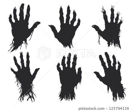 Silhouetted spooky hands conjure a chilling scene, perfect for Halloween or horror-themed designs, adding eerie ambiance to creative projects. 125794139