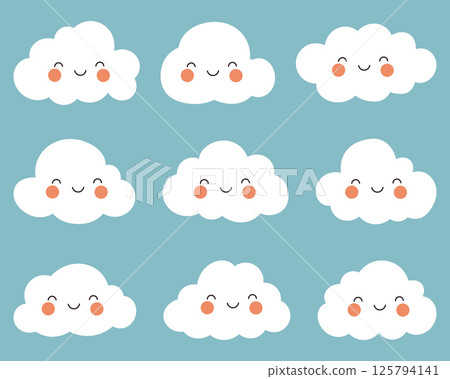 Cartoon clouds float on a light blue backdrop, each adorned with a cheerful smile and rosy cheeks, creating a whimsical atmosphere. Cartoon clouds float on a light blue backdrop, each adorned with a cheerful smile and rosy cheeks, creating a whimsical atmosphere. 125794141