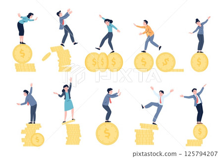 Financial instability. Balancing on money coins, business and investments risks. Economic imbalance, keep balance in hard time, recent vector illustration Financial instability. Balancing on money coins, business and investments risks. Economic imbalance, keep balance in hard time, recent vector illustration 125794207
