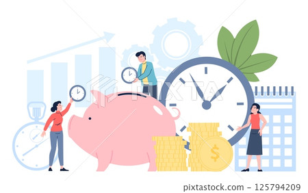 Time saving concept. Save time and save money metaphor. Business people with alarm clock, deadline, working process. Planning and management, recent vector scene Time saving concept. Save time and save money metaphor. Business people with alarm clock, deadline, working process. Planning and management, recent vector scene 125794209