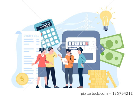 Electricity bills. People look on electricity bill invoice. Male female characters surprised and worried, big use energy. Household power supplies, recent vector scene Electricity bills. People look on electricity bill invoice. Male female characters surprised and worried, big use energy. Household power supplies, recent vector scene 125794211