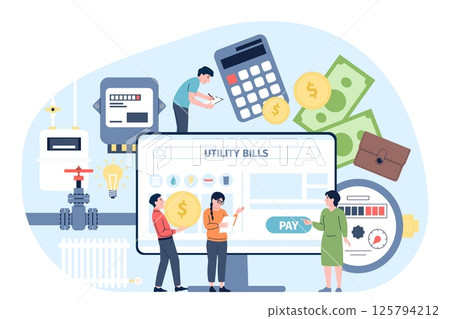 Utility bills. Online payment of household services, gas, electricity, water, internet. Tiny couple hold bill and money, high rates and expenses, recent vector scene Utility bills. Online payment of household services, gas, electricity, water, internet. Tiny couple hold bill and money, high rates and expenses, recent vector scene 125794212